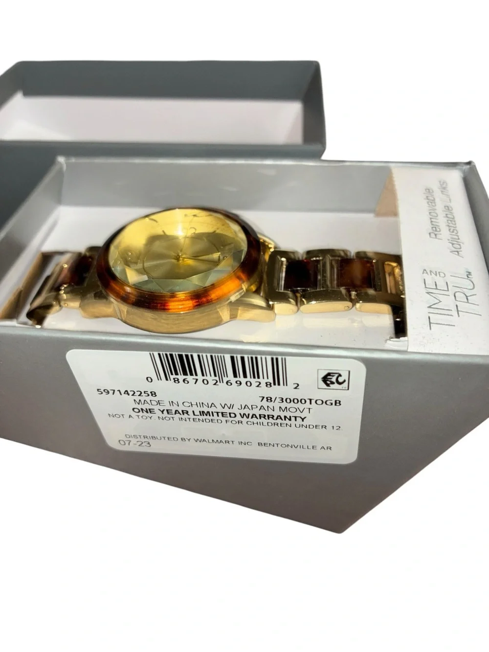 Time and Tru Gold Tone Watch with Tortoiseshell Accents